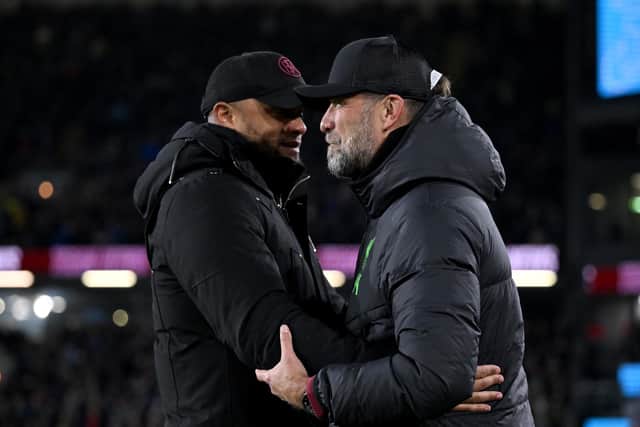BURNLEY, ENGLAND - DECEMBER 26: (THE SUN OUT, THE SUN ON SUNDAY OUT) Jurgen Klopp manager of Liverpool meeting Vincent Kompany manager of Burnley before the Premier League match between Burnley FC and Liverpool FC at Turf Moor on December 26, 2023 in Burnley, England. (Photo by Andrew Powell/Liverpool FC via Getty Images)