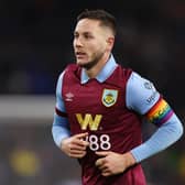 BURNLEY, ENGLAND - DECEMBER 02: Josh Brownhill of Burnley wears a rainbow captains armband during the Premier League match between Burnley FC and Sheffield United at Turf Moor on December 02, 2023 in Burnley, England. (Photo by Matt McNulty/Getty Images)