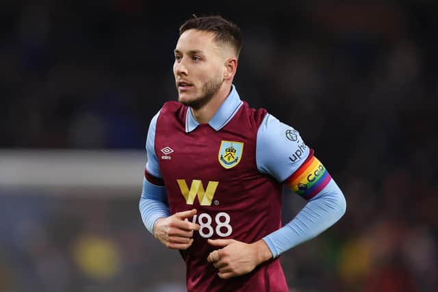 BURNLEY, ENGLAND - DECEMBER 02: Josh Brownhill of Burnley wears a rainbow captains armband during the Premier League match between Burnley FC and Sheffield United at Turf Moor on December 02, 2023 in Burnley, England. (Photo by Matt McNulty/Getty Images)