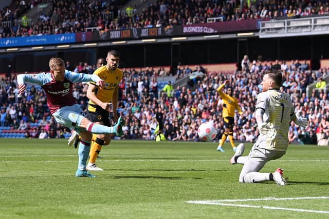 BURNLEY, ENGLAND - APRIL 24: Matej Vydra of Burnley scores a goal, which is later ruled out, during the Premier League match between Burnley and Wolverhampton Wanderers at Turf Moor on April 24, 2022 in Burnley, England. (Photo by Stu Forster/Getty Images)