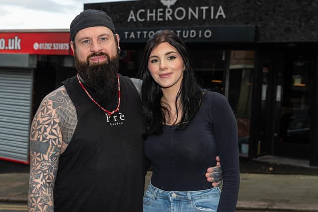 Owner Wayne Porter and his partner Poppy Connelly, who works as a beautician at Acherontia Tattoo Studio in Hall Street, Burnley. Photo: Kelvin Stuttard