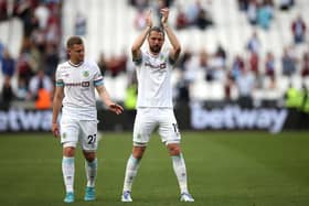LONDON, ENGLAND - APRIL 17: Jay Rodriguez of Burnley applauds fans after the Premier League match between West Ham United and Burnley at London Stadium on April 17, 2022 in London, England. (Photo by Steve Bardens/Getty Images)