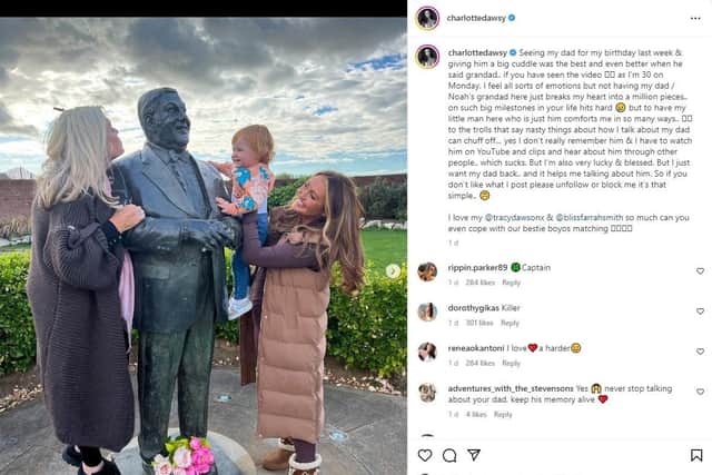 Charlotte Dawson with son Noah and mum Tracey at the statue of Les Dawson in St Annes