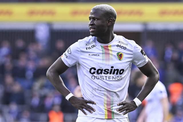 Oostende's Makhtar Gueye looks dejected during a soccer match between RSC Anderlecht and KV Oostende, Sunday 06 March 2022 in Anderlecht, Brussels, on day 30 of the 2021-2022 'Jupiler Pro League' first division of the Belgian championship. BELGA PHOTO LAURIE DIEFFEMBACQ (Photo by LAURIE DIEFFEMBACQ/BELGA MAG/AFP via Getty Images)