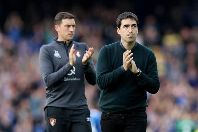 LIVERPOOL, ENGLAND - OCTOBER 07: Andoni Iraola, Manager of AFC Bournemouth, applauds the fans following the team's defeat during the Premier League match between Everton FC and AFC Bournemouth at Goodison Park on October 07, 2023 in Liverpool, England. (Photo by Jan Kruger/Getty Images)