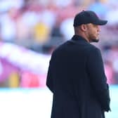 BURNLEY, ENGLAND - MAY 19: Vincent Kompany, Manager of Burnley, looks on prior to the Premier League match between Burnley FC and Nottingham Forest at Turf Moor on May 19, 2024 in Burnley, England. (Photo by Nathan Stirk/Getty Images)