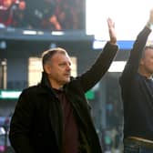 BURNLEY, ENGLAND - NOVEMBER 13: Former Burnley players Robbie Blake and Glen Little acknowledge the fans during the Sky Bet Championship between Burnley and Blackburn Rovers at Turf Moor on November 13, 2022 in Burnley, England. (Photo by Nathan Stirk/Getty Images)