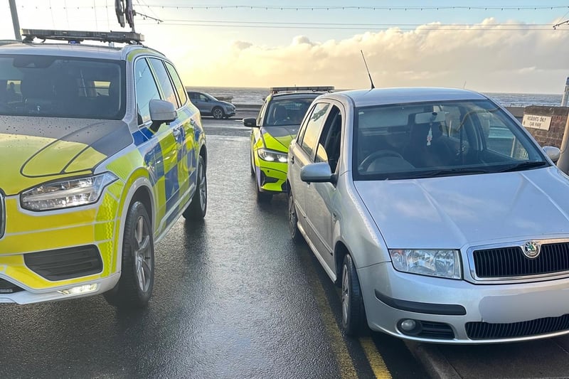 This Skoda was in Blackpool and didn’t seem right to a patrol officer. 
Stopping the vehicle revealed no insurance, tax or MOT, no driving licence and drugs.
The vehicle was seized and the occupants dealt with for drug offences and the driver was reported.