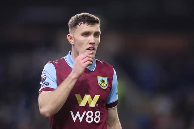 BURNLEY, ENGLAND - DECEMBER 26: Dara O'Shea of Burnley reacts during the Premier League match between Burnley FC and Liverpool FC at Turf Moor on December 26, 2023 in Burnley, England. (Photo by Lewis Storey/Getty Images)