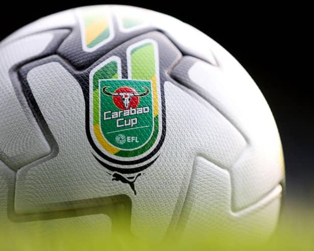 SHEFFIELD, ENGLAND - AUGUST 08: A general view of a match ball prior to the Carabao Cup First Round match between Sheffield Wednesday and Stockport County at Hillsborough on August 08, 2023 in Sheffield, England. (Photo by George Wood/Getty Images)