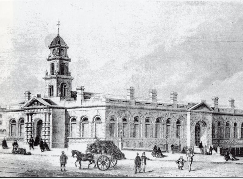 This is how the architect, James Green, in 1866, envisaged that the Market Hall would look, but the large tower, to the left in the image, was not built, though the base for it was. The building was completed in 1870.