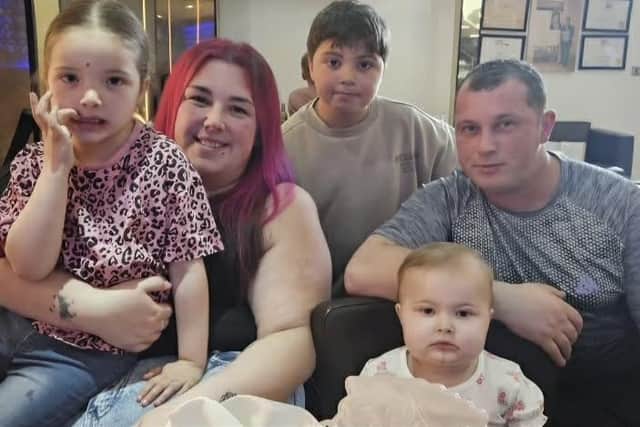 The courageous Walsh family who are mum and dad Jemma and Liam with their children Hadleigh (nine) five-year-old Ehzrai and Raenah (two). Liam was diagnosed with cancer in September and six months later the family were told Raenah had acute leukaemia