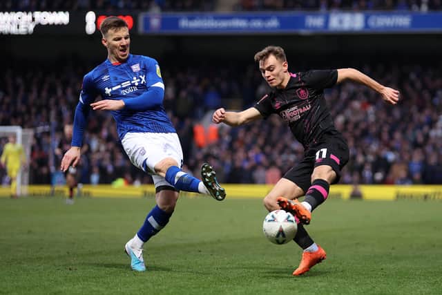 IPSWICH, ENGLAND - JANUARY 28:  Lee Evans of Ipswich battles with Scott Twine of Burnley during the Emirates FA Cup Fourth Round match between Ipswich Town and Burnley at Portman Road on January 28, 2023 in Ipswich, England. (Photo by Julian Finney/Getty Images)