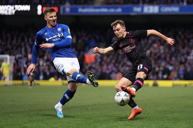 IPSWICH, ENGLAND - JANUARY 28:  Lee Evans of Ipswich battles with Scott Twine of Burnley during the Emirates FA Cup Fourth Round match between Ipswich Town and Burnley at Portman Road on January 28, 2023 in Ipswich, England. (Photo by Julian Finney/Getty Images)