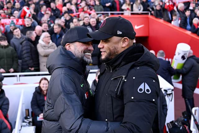 LIVERPOOL, ENGLAND - FEBRUARY 10: (THE SUN OUT, THE SUN ON SUNDAY OUT) Jurgen Klopp manager of Liverpool with Vincent Kompany manager of Burnley before the Premier League match between Liverpool FC and Burnley FC at Anfield on February 10, 2024 in Liverpool, England. (Photo by Andrew Powell/Liverpool FC via Getty Images)