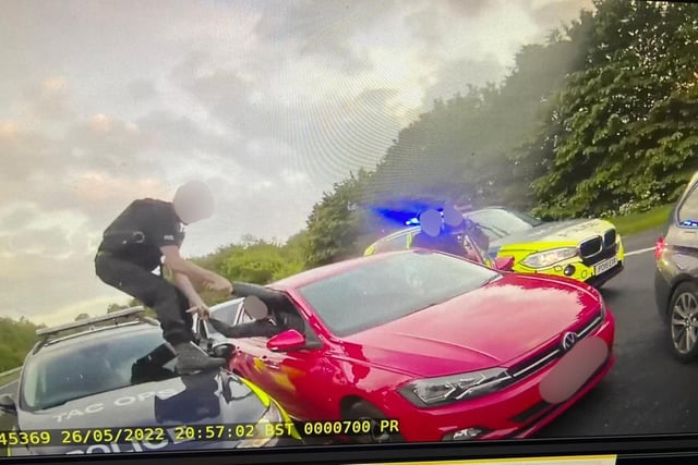 Officers intercepted a VW Polo on the M65 after it was stolen from a burglary in Bamber Bridge while the occupants were in bed alseep.
Patrol cars boxed the Polo in, and an officer leapt across the bonnet of his car to make an arrest. In total, four people were arrested for burglary