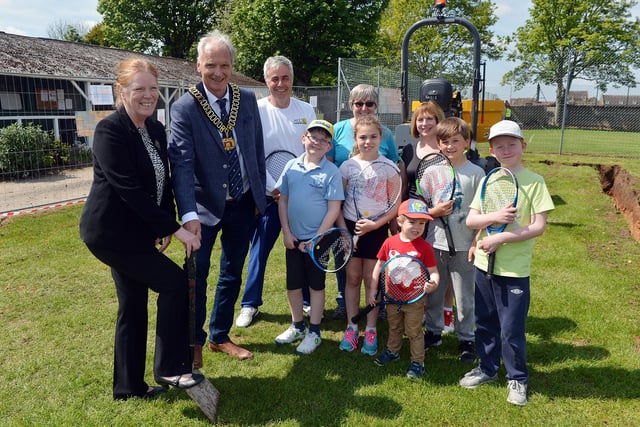 Mansfield lawn Tennis club cutting first sod for new club house. Joyce Bosngak County Cllr Mansfield North and Cllr Kevin Kevin Rostance vice chairman Nottinghamshire County Council.