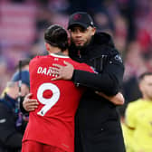LIVERPOOL, ENGLAND - FEBRUARY 10:  Vincent Kompany, Manager of Burnley, and Darwin Nunez of Liverpool interact after the Premier League match between Liverpool FC and Burnley FC at Anfield on February 10, 2024 in Liverpool, England. (Photo by Justin Setterfield/Getty Images)