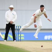 LEEDS, ENGLAND - MAY 13: James Anderson of Lancashire bowls to George Hill of Yorkshire during day two of the LV= Insurance County Championship match between Yorkshire and Lancashire at Headingley on May 13, 2022 in Leeds, England. (Photo by Gareth Copley/Getty Images)