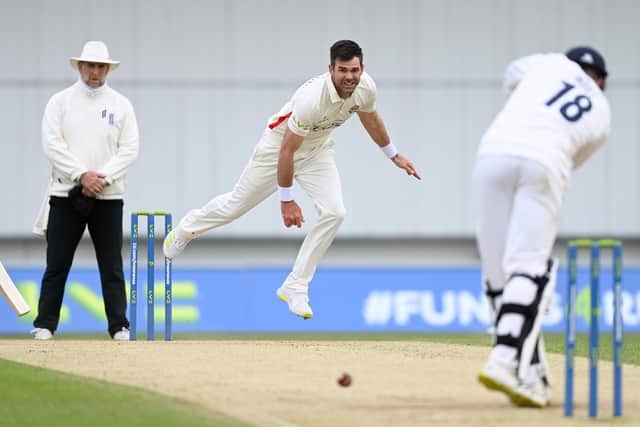LEEDS, ENGLAND - MAY 13: James Anderson of Lancashire bowls to George Hill of Yorkshire during day two of the LV= Insurance County Championship match between Yorkshire and Lancashire at Headingley on May 13, 2022 in Leeds, England. (Photo by Gareth Copley/Getty Images)