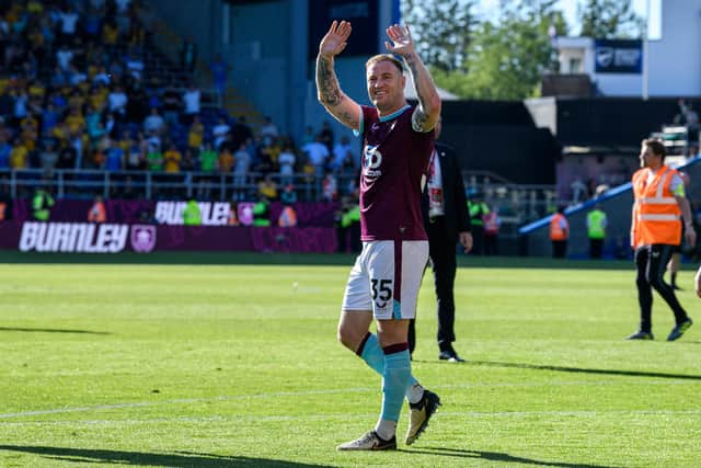 Ashley Barnes thanks the fans following the 1-1 draw with Wolves at Turf Moor. Photo: Kelvin Lister-Stuttard
