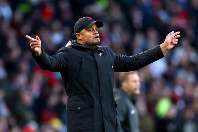 LONDON, ENGLAND - NOVEMBER 11: Vincent Kompany, Manager of Burnley, gestures during the Premier League match between Arsenal FC and Burnley FC at Emirates Stadium on November 11, 2023 in London, England. (Photo by Marc Atkins/Getty Images)