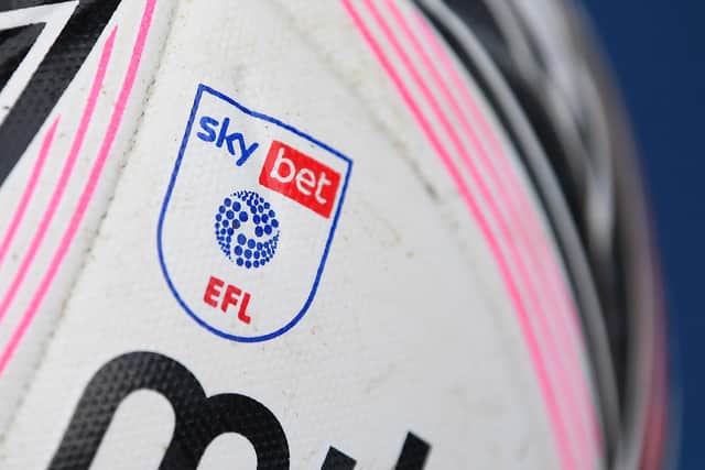 SHEFFIELD, ENGLAND - FEBRUARY 20: A general view of the EFL logo on the match ball during the Sky Bet Championship match between Sheffield Wednesday and Birmingham City at Hillsborough Stadium on February 20, 2021 in Sheffield, England. Sporting stadiums around the UK remain under strict restrictions due to the Coronavirus Pandemic as Government social distancing laws prohibit fans inside venues resulting in games being played behind closed doors. (Photo by Michael Regan/Getty Images)