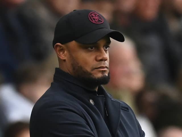 BURNLEY, ENGLAND - MAY 04: Vincent Kompany, Manager of Burnley, looks on during the Premier League match between Burnley FC and Newcastle United at Turf Moor on May 04, 2024 in Burnley, England. (Photo by Gareth Copley/Getty Images)