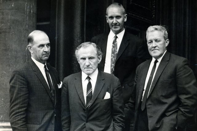 Dan Jones (front) who was Burnley MP from 1959 to 1983,  on the steps of the housing ministry 1967. This followed a joint visit when Albert Pickup (left) was Housing Chairman of Burnley Borough Council, to seek additional labour Government aid for slum clearance in Burnley.  Also pictured are Mr G Fitzpatrick, housing director and deputy town clern Ray Gann