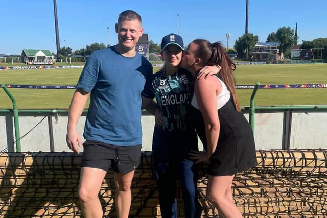 Liberty Heap with her parents Ben and Shelly who have spoken of their immense pride as she  makes her debut with the England squad for the ICC Under-19s Women's T20 World Cup in South Africa.