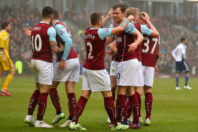 BURNLEY, ENGLAND - FEBRUARY 08:  Ashley Barnes of Burnley celebrates scoring the opening goal with Kieran Trippier of Burnley during the Barclays Premier League match between Burnley and West Bromwich Albion at Turf Moor on February 8, 2015 in Burnley, England.  (Photo by Alex Livesey/Getty Images)