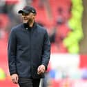 MANCHESTER, ENGLAND - APRIL 27: Vincent Kompany, Manager of Burnley, celebrates following the team's victory in the Premier League match between Manchester United and Burnley FC at Old Trafford on April 27, 2024 in Manchester, England. (Photo by Michael Regan/Getty Images)