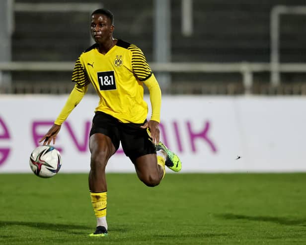 DORTMUND, GERMANY - JANUARY 21: Soumaila Coulibaly of Dortmund runs with the ball during the 3. Liga match between Borussia Dortmund II and SC Freiburg II at Stadion Rote Erde on January 21, 2022 in Dortmund, Germany. (Photo by Christof Koepsel/Getty Images)