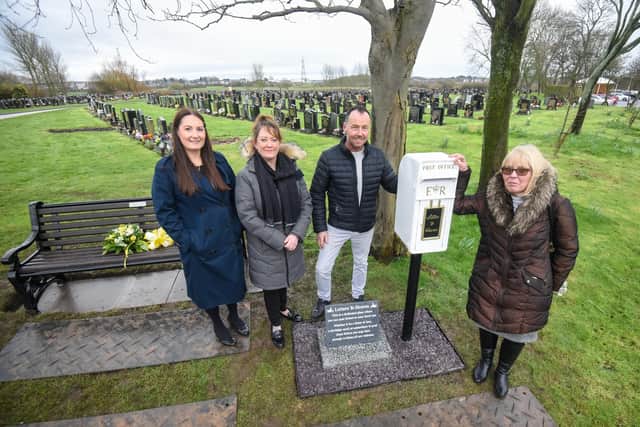 Unveiling of a bench and Letters to Heaven post box at Carleton Crematorium. L-R are Aimee King, Joanne Hargreaves-Doherty, Jon Nichol and Helen Hemingway.