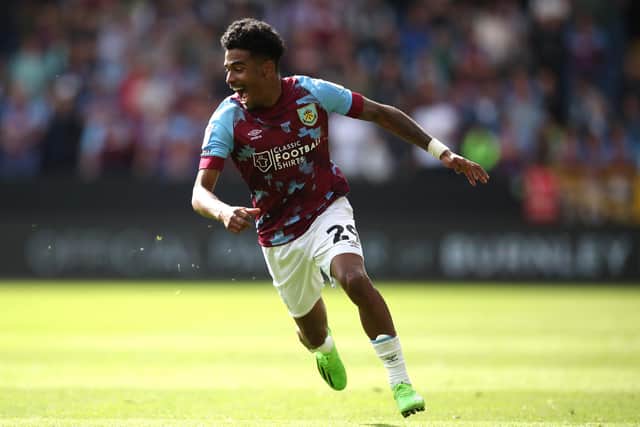 BURNLEY, ENGLAND - AUGUST 06: Ian Maatsen of Burnley FC in action during the Sky Bet Championship match between Burnley and Luton Town at Turf Moor on August 06, 2022 in Burnley, England. (Photo by Ashley Allen/Getty Images)