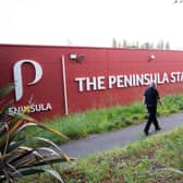 SALFORD, ENGLAND - SEPTEMBER 16: A general view outside of the Peninsula Stadium ahead of the Sky Bet League Two match between Salford City and Notts County at Peninsula Stadium on September 16, 2023 in Salford, United Kingdom. (Photo by Jess Hornby/Getty Images)