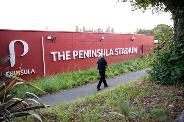SALFORD, ENGLAND - SEPTEMBER 16: A general view outside of the Peninsula Stadium ahead of the Sky Bet League Two match between Salford City and Notts County at Peninsula Stadium on September 16, 2023 in Salford, United Kingdom. (Photo by Jess Hornby/Getty Images)