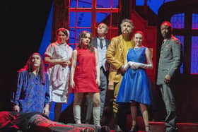 L-R Edward Howells, Dawn Buckland, Ellie Leach, Jack Bennett, Jason Durr, Hannah Boyce and Gabriel Paul in Cluedo 2 at The Lowry, Salford