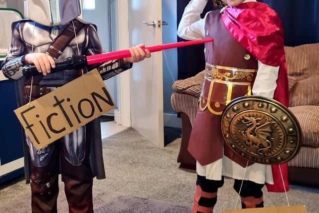 Koah Bradley (eight) and Ason Bradley (six) took inspiration from the words "fiction" and "ancient" for their costumes on World Book Day.