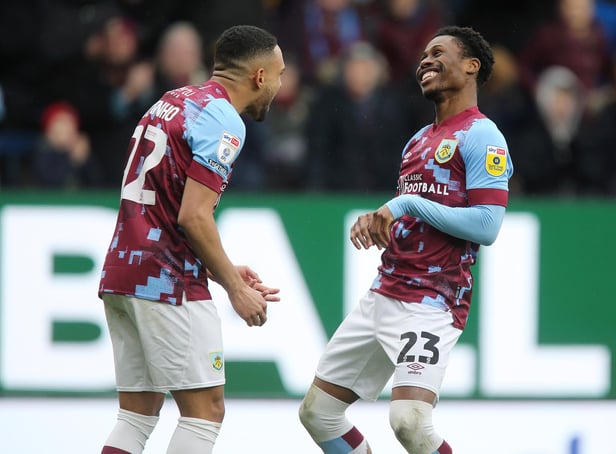 Burnley's Nathan Tella (right) celebrates with team-mate Vitinho after scoring his side's second goal 

The EFL Sky Bet Championship - Burnley v Wigan Athletic - Saturday 11th March 2023 - Turf Moor - Burnley
