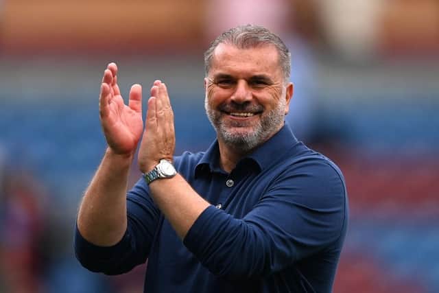 BURNLEY, ENGLAND - SEPTEMBER 02: Ange Postecoglou, Manager of Tottenham Hotspur, applauds the fans after the Premier League match between Burnley FC and Tottenham Hotspur at Turf Moor on September 02, 2023 in Burnley, England. (Photo by Gareth Copley/Getty Images)