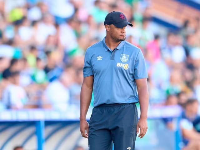 HUELVA, SPAIN - JULY 28: Vincent Kompany, manager of Burnley FC looks on during a Pre Season Friendly Match between Real Betis and Burnley FC at Estadio Nuevo Colombino on July 28, 2023 in Huelva, Spain. (Photo by Fran Santiago/Getty Images)