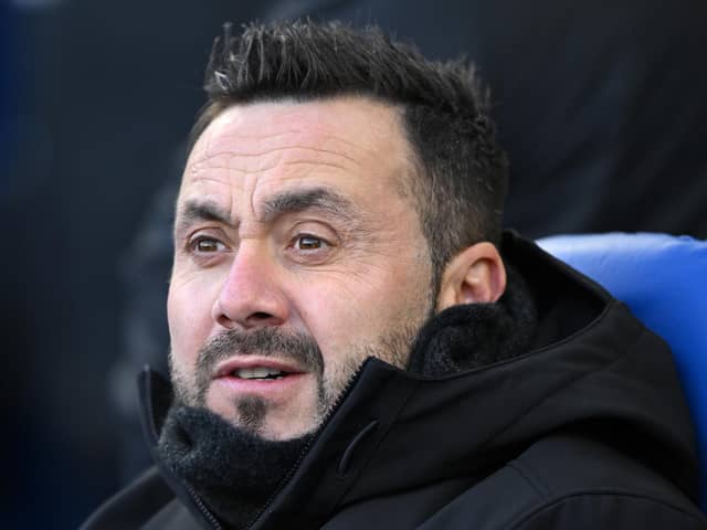 BRIGHTON, ENGLAND - DECEMBER 09: Brighton manager Roberto De Zerbi looks on ahead of the Premier League match between Brighton & Hove Albion and Burnley FC at American Express Community Stadium on December 09, 2023 in Brighton, England. (Photo by Mike Hewitt/Getty Images)