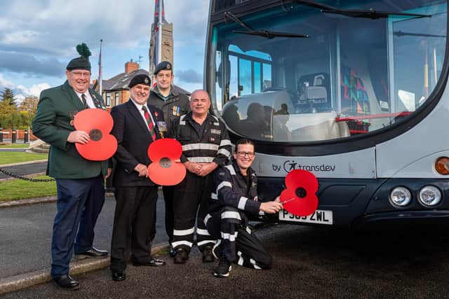 Terry Wood, president, Royal British Legion; veterans Brian Whittaker and John Mainland, who also runs the Veterans’ Café at the Cross Axes pub in Great Harwood; and Lancashire-based Transdev bus engineers Patrick Mclaughlin and Stephen Buckley.