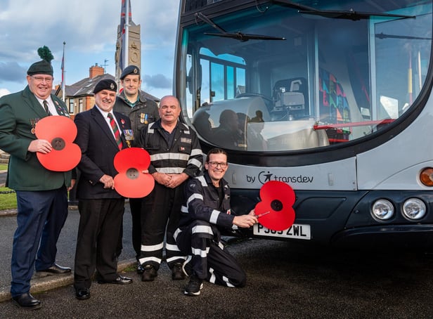 Terry Wood, president, Royal British Legion; veterans Brian Whittaker and John Mainland, who also runs the Veterans’ Café at the Cross Axes pub in Great Harwood; and Lancashire-based Transdev bus engineers Patrick Mclaughlin and Stephen Buckley.