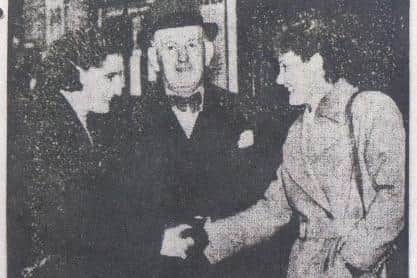 Carmen welcomed at Preston station by Mr Frankland & Margaret Thornborough, 1945
