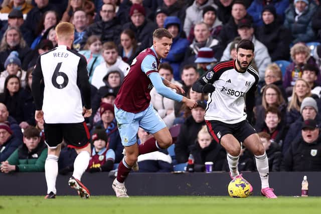 BURNLEY, ENGLAND - FEBRUARY 03: Armando Broja of Fulham controls the ball during the Premier League match between Burnley FC and Fulham FC at Turf Moor on February 03, 2024 in Burnley, England. (Photo by Naomi Baker/Getty Images)
