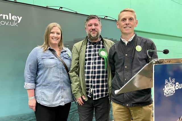 Burnley Green leader Coun. Scott Cunliffe (far right) with Coun. Jack Launder (centre) and Green supporter Clare Hales.