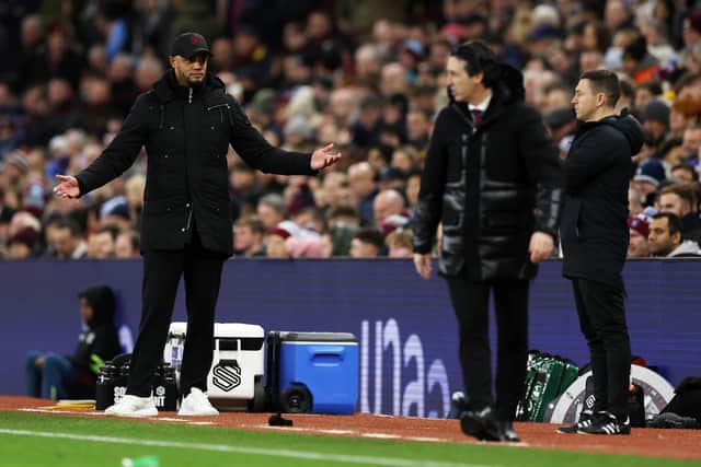 BIRMINGHAM, ENGLAND - DECEMBER 30: Vincent Kompany, Manager of Burnley, reacts during the Premier League match between Aston Villa and Burnley FC at Villa Park on December 30, 2023 in Birmingham, England. (Photo by Richard Heathcote/Getty Images)