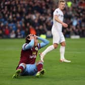 BURNLEY, ENGLAND - NOVEMBER 25: Luca Koleosho of Burnley reacts during the Premier League match between Burnley FC and West Ham United at Turf Moor on November 25, 2023 in Burnley, England. (Photo by Matt McNulty/Getty Images)